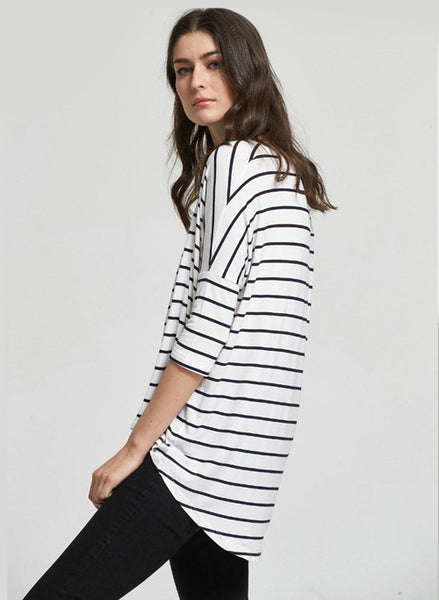 Asymmetrical Striped 3/4 Sleeve T-shirt