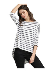 Asymmetrical Striped 3/4 Sleeve T-shirt