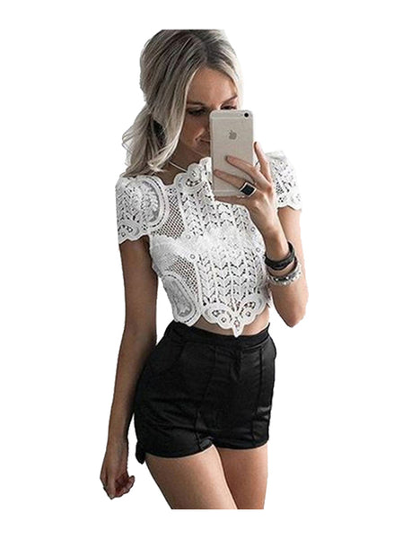 Strong Shoulder Crochet Crop Tank Top in White