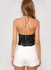 Lace Applique Halter Crop Top in White