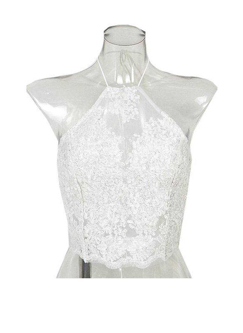 White Thread Top White Lace Halter Crop Top