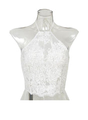 Lace Applique Halter Crop Top in White