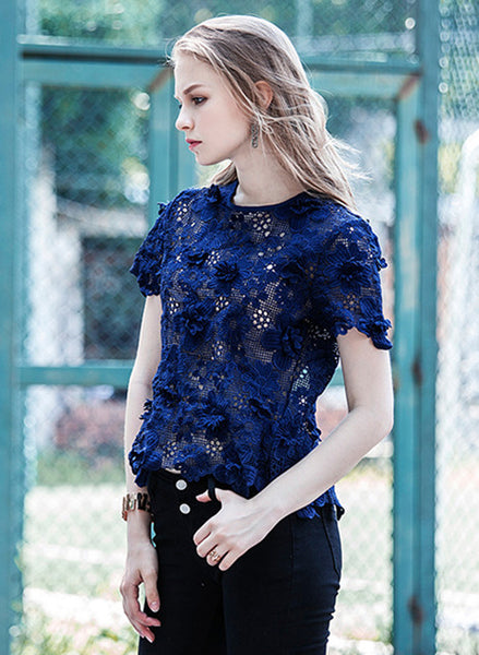 Open-back Floral Guipure Top in Royal Blue