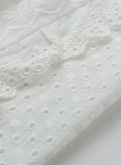 Bib-Front Ruffle Eyelet Cotton Blouse in White