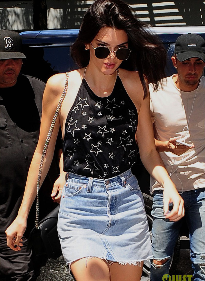 Kendall High Waist Frayed A line Denim Skirt Celebrity Designz