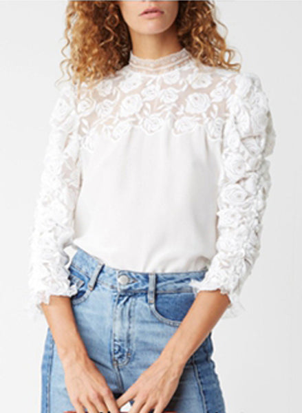 High Neck Rose Motif Lace Insert Chiffon Top