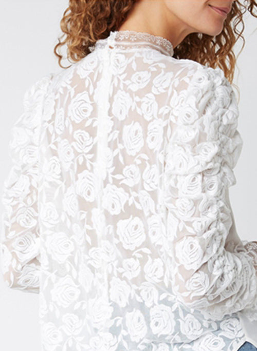 High Neck Rose Motif Lace Insert Chiffon Top