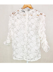 High Neck Rose Motif Lace Insert Chiffon Top