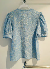 Vintage Pure Crinkle Cotton Embroidered Puffy Short Sleeve Top in Blue