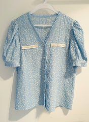 Vintage Pure Crinkle Cotton Embroidered Puffy Short Sleeve Top in Blue
