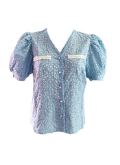 Vintage Pure Crinkle Cotton Embroidered Puffy Short Sleeve Top in Blue