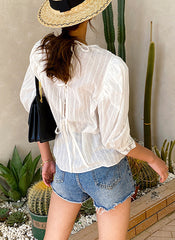3/4 Puffy Sleeve Embroidered Floral Pure Cotton Top in White