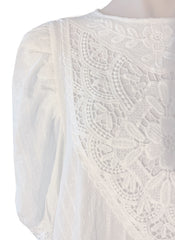 3/4 Puffy Sleeve Embroidered Floral Pure Cotton Top in White