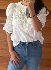 3/4 Puffy Sleeve Embroidered Floral Pure Cotton Top in White