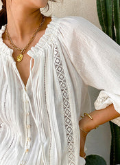 Boho Ruffled Collar Embroidered Pure Cotton Peasant Blouse in Off White