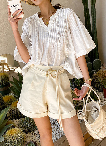 Pure Cotton V-neck Pintuck Pleats Flared Short Sleeve White Top