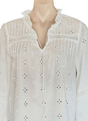 Ruffle Tassel Drawstring-neck Floral Embroidered White Blouse