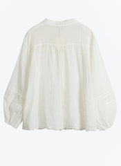 Mandarin Collar Lace Insert Puff-Sleeve Cotton White Shirt