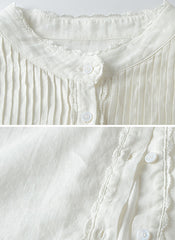 Mandarin Collar Lace Insert Puff-Sleeve Cotton White Shirt