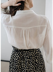 Mandarin Collar Lace Insert Puff-Sleeve Cotton White Shirt