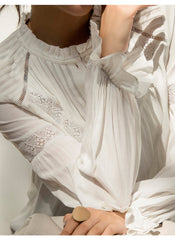 Ruffle High-neck Long Sleeve Lace Insert Tuck White Blouse