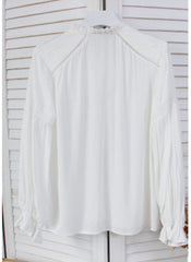 Ruffle High-neck Long Sleeve Lace Insert Tuck White Blouse