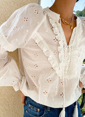Crochet Lace Trim Embroidered Eyelet Cotton White Blouse