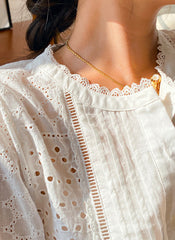 Bubble Short Sleeve Cotton Eyelet Pintuck Blouse in white