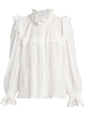 Retro High Neck Long Sleeve Ruffle Cotton Blouse in White