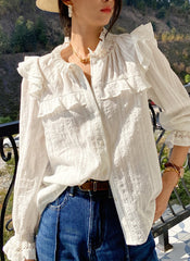 Retro High Neck Long Sleeve Ruffle Cotton Blouse in White