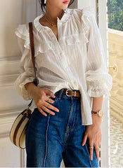 Retro High Neck Long Sleeve Ruffle Cotton Blouse in White