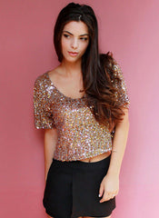 Off Shoulder Sequined Party Top in Brown