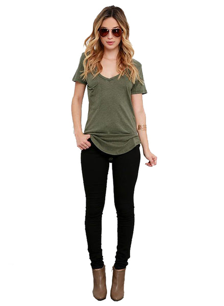 V-neck Short Sleeve Basic Cotton Jersey T-shirt