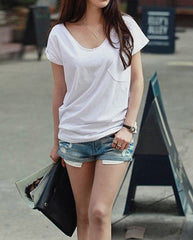 V-neck Short Sleeve Basic Cotton Jersey T-shirt
