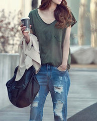 V-neck Short Sleeve Basic Cotton Jersey T-shirt