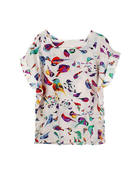 Bird Print Short Sleeve Relax-fit Chiffon Shift Top