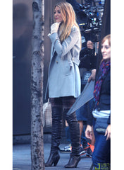 Blake Lively Gold Button Baby Blue Wool Coat