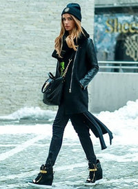Vanessa Quilted Sleeve Panel Wool Coat in Black