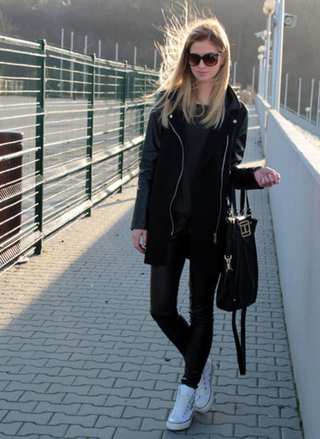 Vanessa Quilted Sleeve Panel Wool Coat in Black